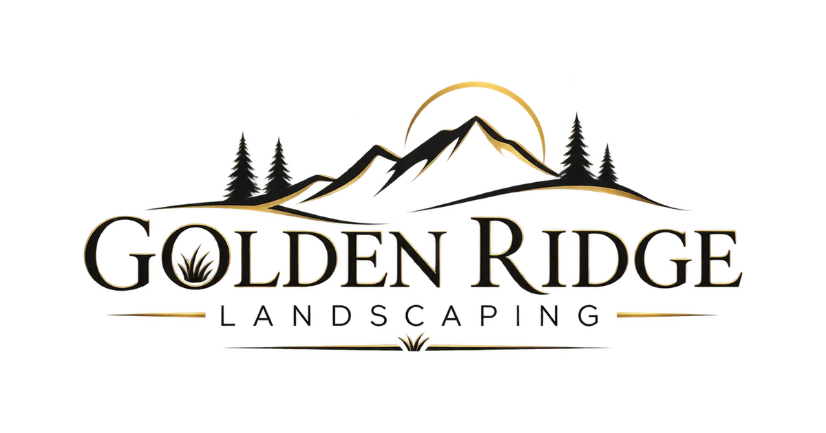 The Golden Ridge Landscaping logo — a mountain ridge and pines under a gold sun.